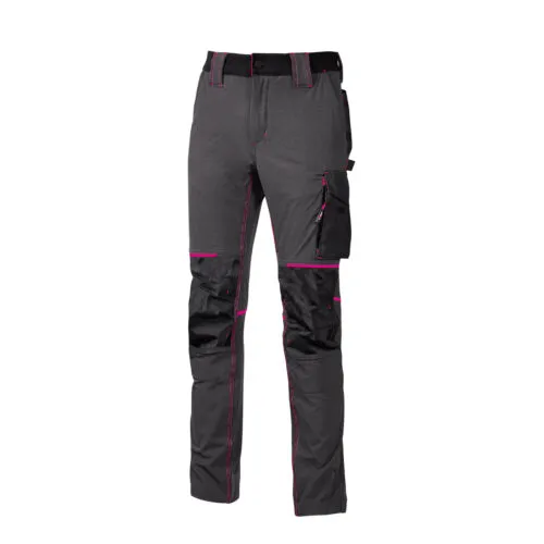 Pantaloni da lavoro grigi con tasche multiuso e dettagli rosa, design ergonomico per comfort e funzionalità.