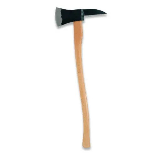 Piccone con manico in legno e testa in metallo nero, attrezzo da lavoro per edilizia e giardinaggio.