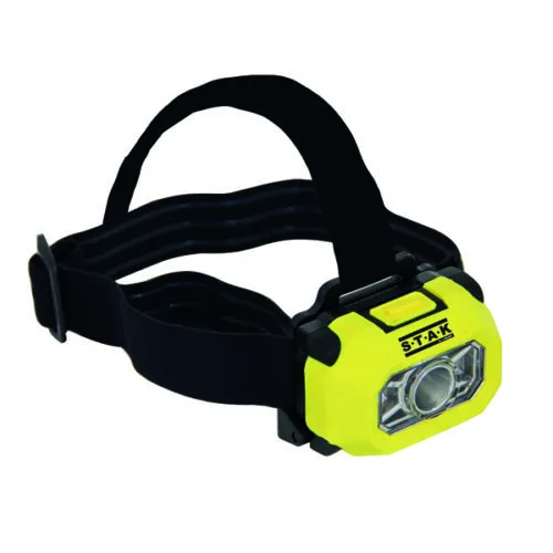 Torcia frontale gialla e nera con fascia regolabile, ideale per campeggio e attività all'aperto.
