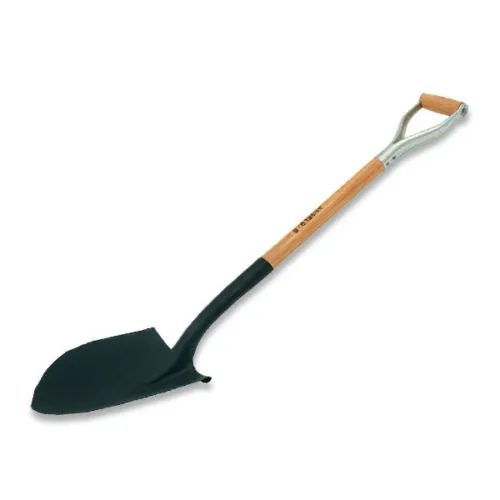 Pala da giardino con manico in legno e lama nera, ideale per lavori di scavo e giardinaggio.