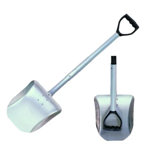 Pala pieghevole in metallo con manico ergonomico nero, ideale per giardinaggio o emergenze neve.