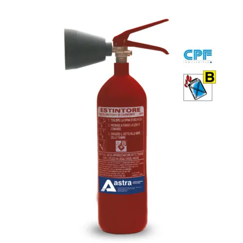 Estintore rosso con etichetta Astra e simboli di sicurezza, adatto per fuochi di classe B, certificato CPF.