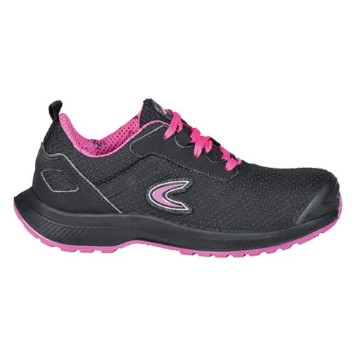 Scarpa sportiva nera con dettagli e lacci rosa, design moderno e suola robusta per comfort e stile.