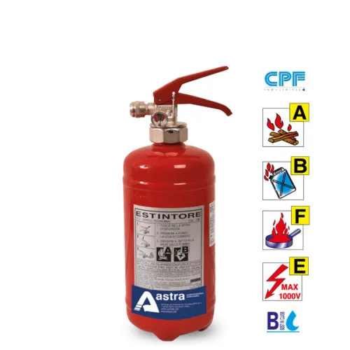 Estintore rosso per incendi, con icone di classificazione e istruzioni dettagliate sul lato.