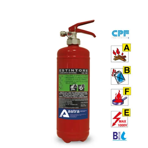 Estintore rosso con etichette di istruzioni e simboli di classificazione per diversi tipi di incendi.