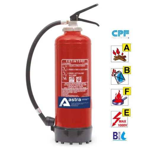 Estintore rosso con simboli delle classi di fuoco A, B, E, F su sfondo bianco, marchio Astra visibile.
