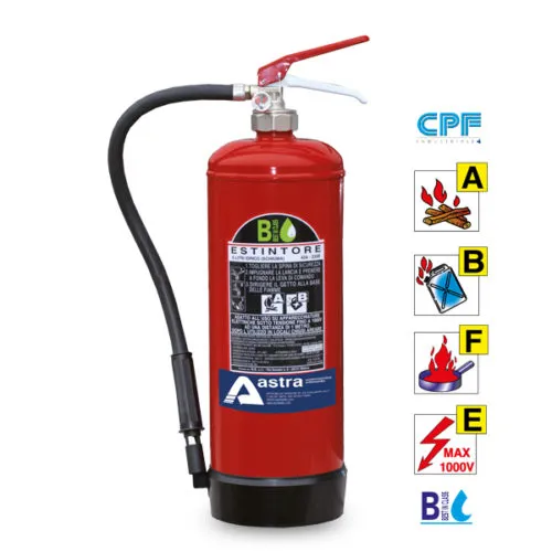 Estintore rosso con simboli di classificazione antincendio per vari tipi di fuoco, marchio Astra visibile.