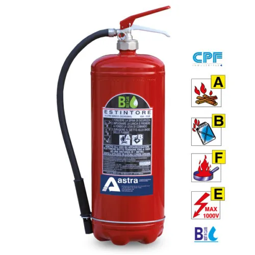 Estintore a polvere ABC rosso, simboli di classi d'incendio A, B, C, F ed elettrico, marchio Astra sul fronte.