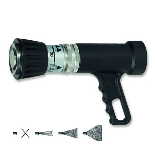 Ugello a pistola regolabile per manichette antincendio, con illustrazioni delle modalità di erogazione dell'acqua.
