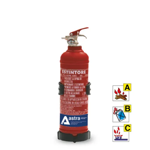 Estintore a polvere ABC rosso con istruzioni, ideale per spegnere incendi di classe A, B e C. Sicurezza e prevenzione.