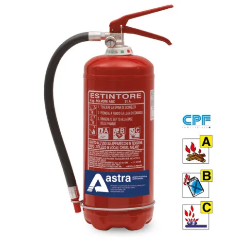 Estintore a polvere rossa con etichetta di sicurezza e simboli delle classi A, B, C per diversi tipi di fuoco.