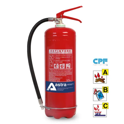 Estintore rosso Astra con etichetta, simboli per spegnimento incendi di classe A, B e C, e marchio di conformità CPF.