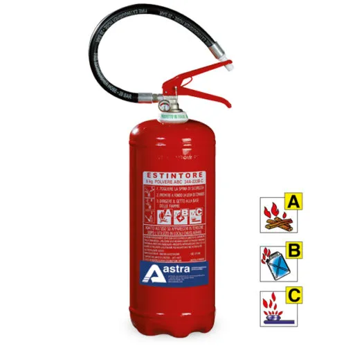 Estintore rosso a polvere ABC per incendi classe A, B, C, con istruzioni e simboli di utilizzo su sfondo bianco.