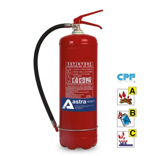 Estintore rosso ABC con etichette di classificazione per incendi di legno, carta, liquidi e gas.