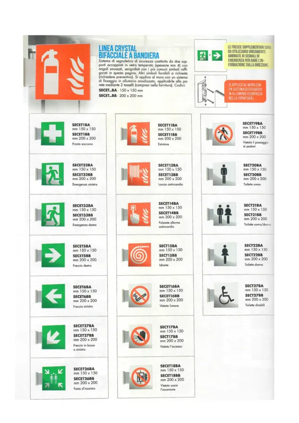 Catalogo di segnaletica di sicurezza bifacciale, con simboli per emergenze, uscite, e servizi.