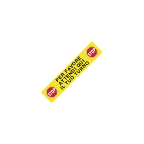 Adesivo segnaletico giallo rettangolare con icone stop e testo Per favore attendi qui il tuo turno.