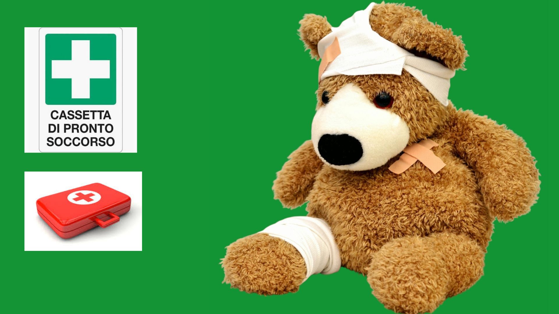 Immagine di un orsetto di peluche con medicazioni, circondato da un kit di pronto soccorso e un cartello informativo.